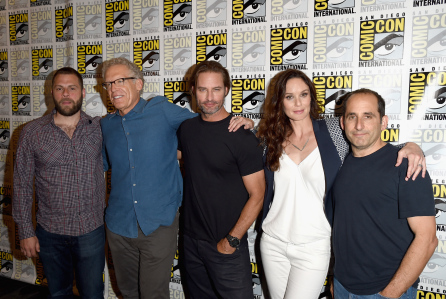 SAN DIEGO, CA - JULY 10:  (L-R) Writer/producers Ryan Condal, Carlton Cuse, actors Josh Holloway, Sarah Wayne Callies and Peter Jacobson attend the "Colony" press room during Comic-Con International 2015 at the Hilton Bayfront on July 10, 2015 in San Diego, California.  (Photo by Jason Merritt/Getty Images)