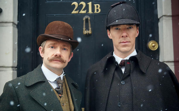 MASTERPIECE Sherlock: The Abominable Bride Benedict Cumberbatch (The Imitation Game) and Martin Freeman (The Hobbit) return as Sherlock Holmes and Dr. Watson in the acclaimed modern retelling of Arthur Conan Doyle's classic stories. But now our heroes find themselves in 1890s London. Beloved characters Mary Morstan (played by Amanda Abbington), Inspector Lestrade (Rupert Graves) and Mrs. Hudson (Una Stubbs) also turn up at 221b Baker Street. Sherlock: The Abominable Bride is a 90-minute Sherlock Special. Picture Shows: Dr. John Watson (MARTIN FREEMAN), Sherlock Holmes (BENEDICT CUMBERBATCH) © Robert Viglasky/Hartswood Films and BBC Wales for BBC One and MASTERPIECE This image may be used only in the direct promotion of MASTERPIECE. No other rights are granted. All rights are reserved. Editorial use only.