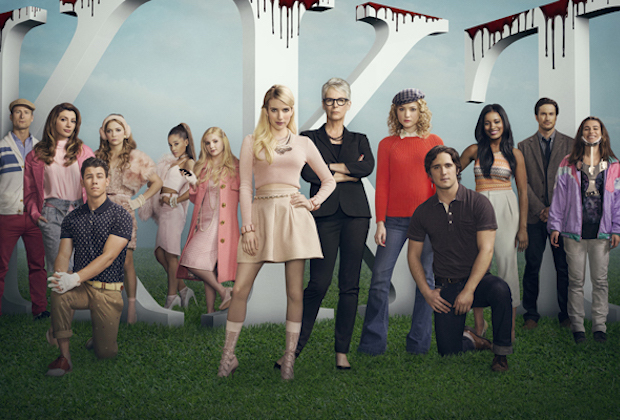 SCREAM QUEENS:  Cast Pictured L-R: Lucien Laviscount, Glen Powell, Nasim Pedrad, Nick Jonas, Billie Lourd, Ariana Grande, Abigail Breslin, Emma Roberts, Jamie Lee Curtis, Skyler Samuels, Diego Boneta, Keke Palmer, Oliver Hudson, Lea Michele and Niecy Nash in SCREAM QUEENS which debuts with a special, two-hour series premiere event on Tuesday, September 22 (8:00-10:00 PM ET/PT) on FOX. ©2015 Fox Broadcasting Co. Cr: Matthias Clamer/FOX.