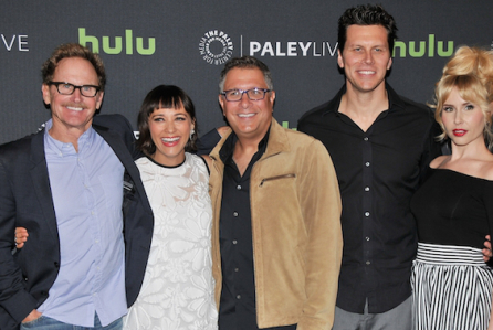 (L-R) "Angie Tribeca" Cast & Crew - Actors Jere Burns and Rashida Jones, Writer Ira Ungerleider, Actors Hayes MacArthur and Andree Vermeulen arrives at the PaleyLive LA: An Evening with "Angie Tribeca" held at The Paley Center for Media in Beverly Hills, CA on Thursday, April 14, 2016 (Photo By Sthanlee B. Mirador) *** Please Use Credit from Credit Field ***