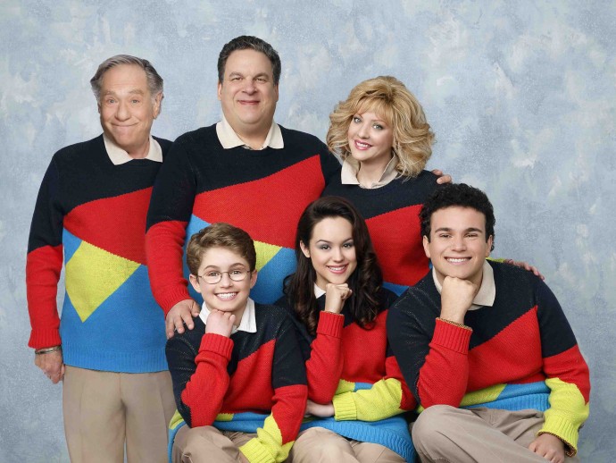 THE GOLDBERGS - "The Goldbergs" stars Wendi McLendon-Covey ("Bridesmaids") as Beverly, Jeff Garlin ("Curb Your Enthusiasm") as Murray, George Segel ("Don't Shoot Me") as Pops, Hayley Orrantia ("The X Factor") as Erica, Sean Giambrone as Adam, and Troy Gentile ("Good Luck Chuck") as Barry. "The Goldbergs" was written and executive produced by Adam F. Goldberg ("Breaking In,""Fanboys") and executive produced by Doug Robinson.  The pilot was directed by Seth Gordon ("Identity Thief," "Horrible Bosses").  "The Goldbergs" is from Adam Sandler's production company Happy Madison and is produced by Sony Pictures Television.  (ABC/Craig Sjodin) STANDING: GEORGE SEGAL, JEFF GARLIN, WENDI MCLENDON-COVEY;   SEATED: SEAN GIAMBRONE, HAYLEY ORRANTIA, TROY GENTILE