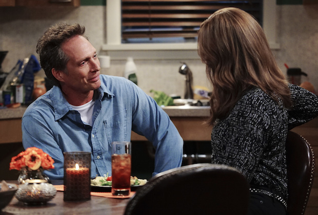 "Caperberries and a Glass Eye" -- Adam (William Fichtner) enjoys a homemade dinner with Bonnie (Allison Janney), on MOM, Thursday, April 14 (9:01-9:30 PM, ET/PT) on the CBS Television Network.  Photo: Sonja Flemming/CBS ÃÂ©2016 CBS Broadcasting, Inc. All Rights Reserved